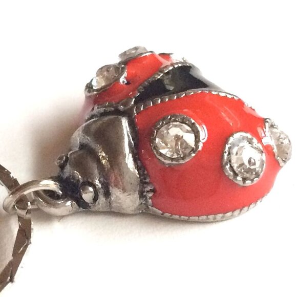 Ladybug Necklace Charm Pendant Red Enamel Crystal Silver Plated Insect 20" Chain - Picture 2 of 12